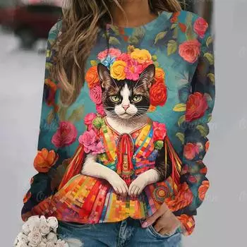 Футболка с забавным котом для женщин, топ с длинными рукавами и круглым вырезом, крутая женская футболка с 3D узором, модный повседневный пуловер, одежда, осенняя новинка S