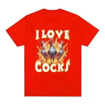 Футболка с забавным мемом «Я люблю петухов» Любители кур Футболка с короткими рукавами Женская футболка свободного покроя Уличная одежда S чёрный