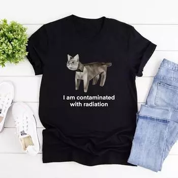 Футболка с забавным мемом «Я заражен» Ироничная футболка унисекс с коротким рукавом и графическими рисунками Необычная специфическая одежда Подарок любителю кошек S чёрный