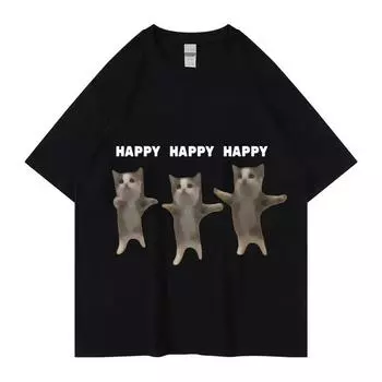 Футболка с забавным милым котом и принтом в виде мема Happy Dance Cat, футболка с коротким рукавом для мужчин и женщин, повседневная модная хлопковая футболка 50747 S чёрный
