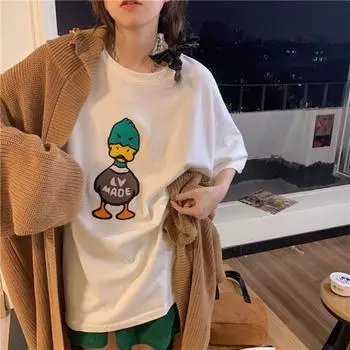 Футболка с забавным мультяшным принтом, черный меховой утолщенный топ с короткими рукавами, весенняя свободная рубашка с круглым вырезом для женщин M чёрный