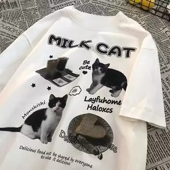 Футболка с забавным принтом кота для мужчин и женщин. Одно и то же летнее хлопковое свободное плечо с рукавом в пять частей в китайском стиле. S