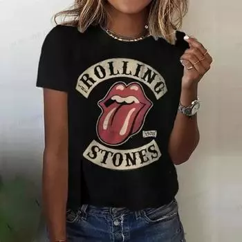 Футболка с забавным принтом Rolling Stones Harajuku и коротким рукавом, красная футболка с круглым вырезом, женская футболка, топы, одежда, женские футболки S