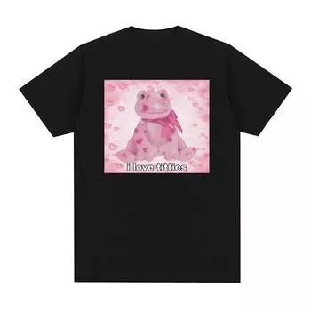 Футболка с забавным рисунком «I Love Titties Frog» для мужчин и женщин, милая одежда с круглым вырезом, футболки, топы, повседневная футболка большого размера из 100% хлопка S чёрный