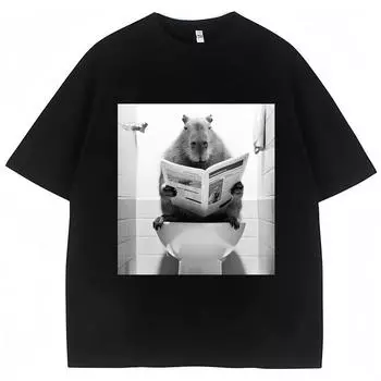 Футболка с забавным рисунком Капибары для ванной комнаты, мужская, женская, модная, весна-лето, футболки свободного покроя, хлопковая, с коротким рукавом, уличная одежда S чёрный