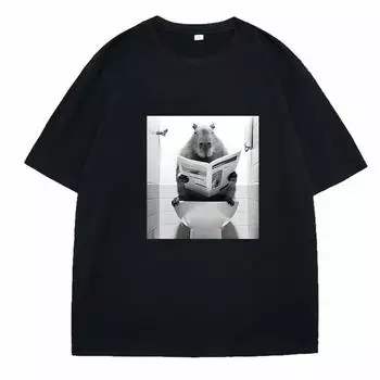 Футболка с забавным рисунком Капибары для ванной комнаты, футболки большого размера, повседневные футболки с коротким рукавом, модные уличные футболки для мужчин и женщин, летние футболки XS чёрный