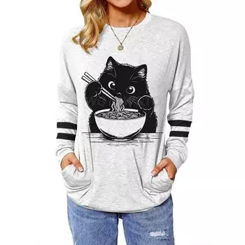 Футболка с забавным рисунком кошки, едящей рамен, милый подарок любителю кошек, женская футболка с коротким рукавом, японская лапша, кошка, винтажная рубашка, одежда S
