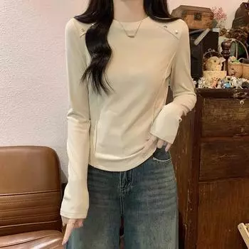 Футболка с закругленным подолом и длинными рукавами для женщин на осень и зиму, блузка с талией «елочка» и утолщенной немецкой бархатной подкладкой сверху S