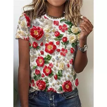 Футболка с жемчужным и цветочным принтом, повседневный топ с круглым воротником и короткими рукавами, весна/лето, женская одежда S