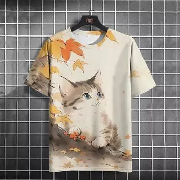 Футболка с животными для мужчин, летняя повседневная мужская футболка с 3D принтом кота и коротким рукавом, модная уличная мужская одежда больших размеров 2XL