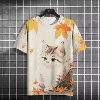 Футболка с животными для мужчин, летняя повседневная мужская футболка с 3D принтом кота и коротким рукавом, модная уличная мужская одежда больших размеров 2XL