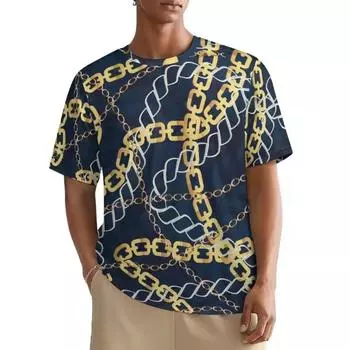 Футболка с золотой цепочкой, футболки с принтом ремней, повседневная футболка в стиле хип-хоп для мужчин с коротким рукавом, узор, одежда больших размеров S