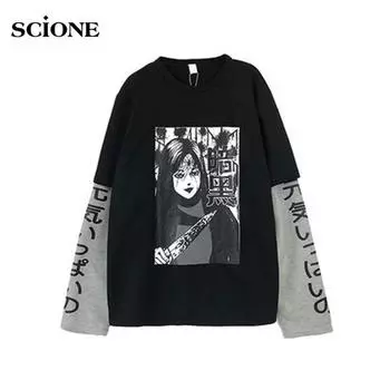 Футболка Scione Harajuku для мужчин и женщин, поддельная рубашка из 2 предметов с принтом, японские комиксы Fujiang, рубашка с длинным рукавом M
