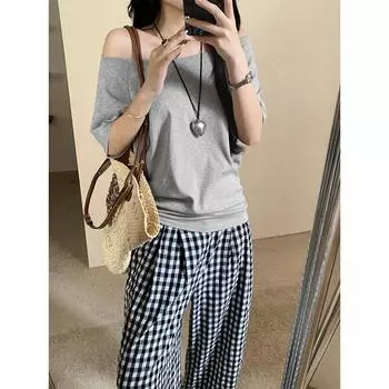 Футболка серая, на одно плечо, 220 г, из чистого хлопка, плотная, с короткими рукавами, для женщин, с открытыми плечами, для горячих девушек, летний топ со свободными плечами S