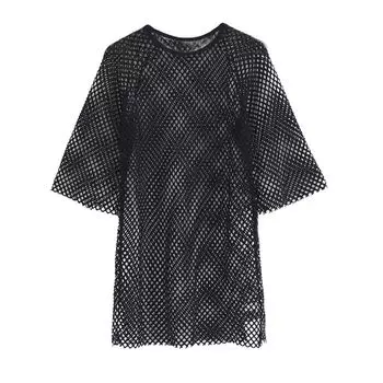 Футболка Сетка Топ Прозрачный Мода Ин Блузка Короткий рукав Black Collar XL