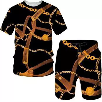 Футболка-шорты с круглым вырезом и короткими рукавами, с принтом в виде цепочек класса люкс, мужские и женские повседневные спортивные костюмы S