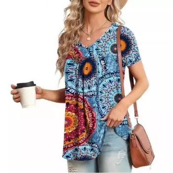 Футболка Slim Fit с 3D-принтом для женщин, свободный летний топ с короткими рукавами и V-образным вырезом для женщин S