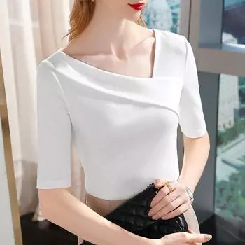 Футболка со средним рукавом для женщин, летняя новинка, женская хлопковая футболка с открытыми плечами, V-образным вырезом и короткими рукавами, топ с заниженной талией S