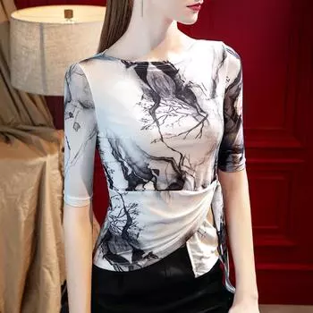 Футболка со средним рукавом для женщин, летняя, новая, сетчатый топ с принтом, нестандартные модные бретели и красивая маленькая рубашка S