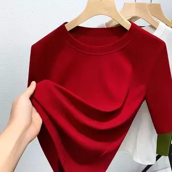 Футболка со средним рукавом для женщин, летняя новая женская хлопковая футболка с круглым вырезом, простой однотонный облегающий топ S белый