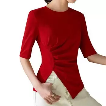 Футболка со средним рукавом для женщин, летняя, новая, женская, однотонная, с круглым вырезом, хлопковая футболка, неровный подол, плиссированный топ на талии S чёрный