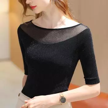 Футболка со средним рукавом для женщин, осенняя женская новая сексуальная прозрачная яркая шелковая сетчатая рубашка, темпераментный топ на одно плечо S чёрный