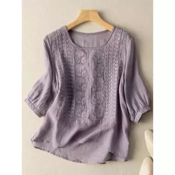 Футболка со средним рукавом для женщин, свободная, вышитая, в стиле ретро, из хлопка и льна, тонкий летний дизайн высокого качества M хаки