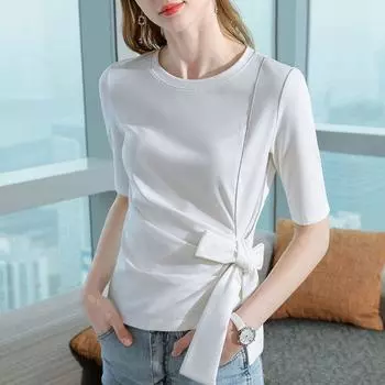 Футболка со средним рукавом для женщин, весна-лето, новая женская футболка с круглым вырезом, хлопковая футболка с бретелями и складками на талии M белый
