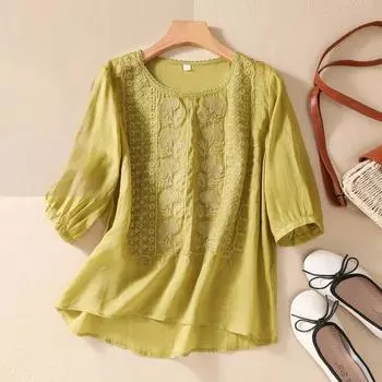 Футболка со средним рукавом и вышивкой, свободная, в стиле ретро, из хлопка и льна, для женщин, летний тонкий дизайн высокого класса M белый