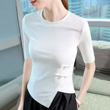 Футболка со средним рукавом, женская, новая, однотонная, с круглым вырезом, с коротким рукавом, неровным подолом, с застежкой на пуговицы на талии S белый