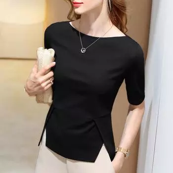 Футболка со средним рукавом, женская новая женская одежда, темперамент, однотонная хлопковая футболка с открытыми плечами и разрезом на талии S