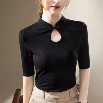 Футболка со средним рукавом, женская новая женская одежда, воротник-стойка, пряжка, однотонная футболка с коротким рукавом, ретро, новый китайский топ с талией S