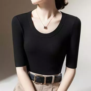 Футболка со средним рукавом, женская новая женская одежда, однотонная футболка с широким краем и круглым вырезом, темперамент, рукав пять четвертей, облегающий топ S