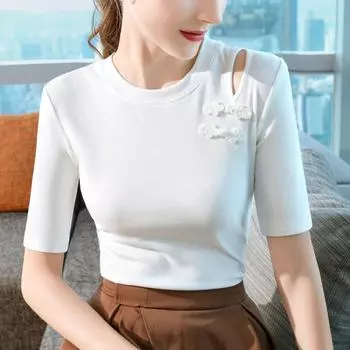 Футболка со средним рукавом, женская, с круглым вырезом спереди, с коротким рукавом, с рисунком в виде диска и пуговиц на талии S чёрный