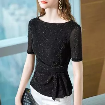 Футболка со средними рукавами, женская новая женская одежда, темперамент, одно слово, плечо, иностранный стиль, маленькая рубашка, зонтик, маятник, талия, топ S чёрный