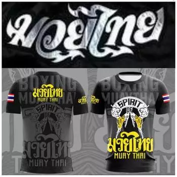 Футболка Spirit Muay Thai, кикбоксинг, 3D принт, хлопок, быстросохнущая, черная, для мужчин и женщин, унисекс, с коротким рукавом, с круглым вырезом, MMA Mix, тренировка по боевым искусствам, борьба XS