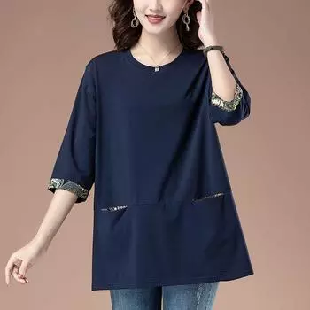 Футболка среднего возраста с рукавами семь четвертей, свободная женская одежда, летняя, средней и длинной длины, свободная, больших размеров, тренд XL синий