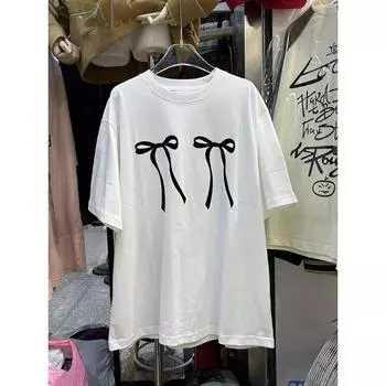 Футболка средней длины с галстуком-бабочкой, женские корейские футболки с короткими рукавами, весна-лето 2024, пуловер с круглым вырезом, повседневные футболки S красный