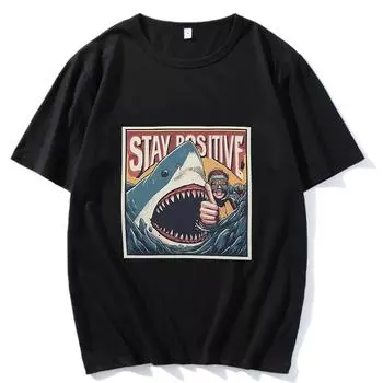 Футболка Stay Positive Shark Y2k Минималистская мужская женская нейтральная повседневная графическая рубашка Kawaii Tops XS чёрный