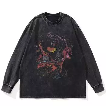 Футболка Streetwear Engineering Vehicle Graphic Washed Black, хлопковая, унисекс, большие размеры, длинные рукава, футболка S чёрный