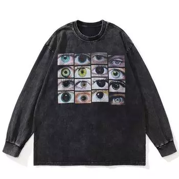 Футболка Streetwear Eyes Graphic Washed Black, хлопковая, унисекс, большие размеры, длинные рукава, футболка S чёрный