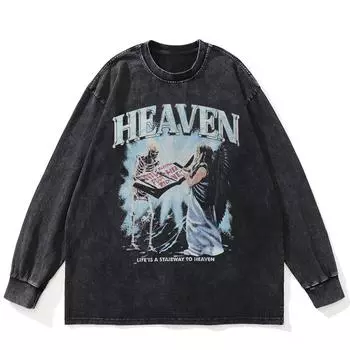 Футболка Streetwear Heaven Graphic Washed Black, хлопковая, унисекс, большие размеры, длинные рукава, футболка S чёрный