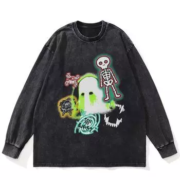 Футболка Streetwear с принтом скелета и обеих сторон, черная, стираная, хлопковая, унисекс, большие размеры, с длинными рукавами S чёрный