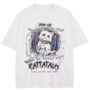 Футболка Streetwear с рисунком кота с обеих сторон, хлопковые унисекс-топы, футболки, летние футболки с короткими рукавами M белый