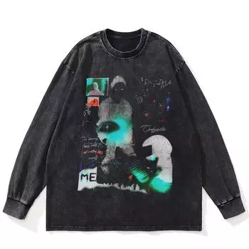 Футболка Streetwear Shadows Graphic Washed Black, хлопковая, унисекс, большие размеры, длинные рукава, футболка S чёрный