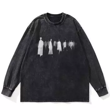 Футболка Streetwear Shadows Graphic Washed Black, хлопковая, унисекс, большие размеры, длинные рукава, футболка S чёрный