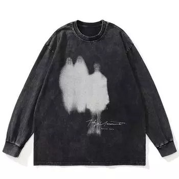 Футболка Streetwear Shadows Graphic Washed Black, хлопковая, унисекс, большие размеры, длинные рукава, футболка S чёрный