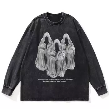 Футболка Streetwear Shadows Graphic Washed Black, хлопковая, унисекс, большие размеры, длинные рукава, футболка S чёрный