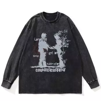 Футболка Streetwear Shadows Graphic Washed Black, хлопковая, унисекс, большие размеры, длинные рукава, футболка S чёрный