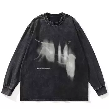 Футболка Streetwear Shadows Graphic Washed Black, хлопковая, унисекс, большие размеры, длинные рукава, футболка S чёрный